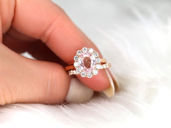 3.37cts Ready to Ship Katherine 14kt Rose Gold Champagne Peach Sapphire Diamond Art Deco Halo Bridal Set,Oval Halo Ring,Unique Sapphire Ring