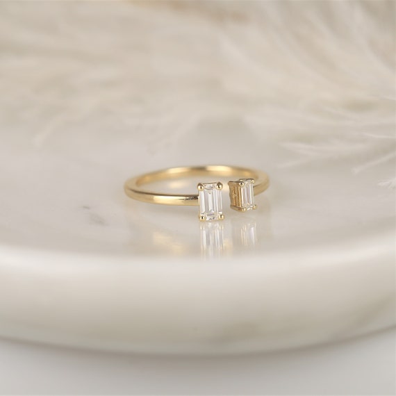 DIAMOND FREE Camden 14kt Gold Dainty Moissanite Minimalist Emerald Cut Open Ring,Duo Stacking Ring,Open Cuff Ring,Toi Et Moi Ring