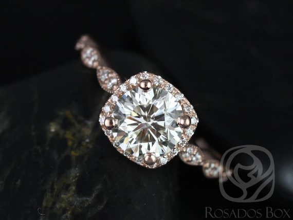 Rosados Box Ready to Ship Christie 8mm 14kt WHITE  Gold Forever One Moissanite Diamond Halo WITH Milgrain Engagement Ring