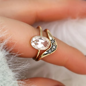 1,50 kt Paris Bold 11 x 7 mm en Ursa 14kt ovale roosgeslepen Moissanite solitaire bruidsset, ovale ring, ringset minimalistische ring, hemelse ringset