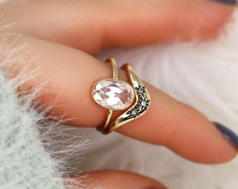1.50ct Paris Bold 11x7mm & Ursa 14kt Oval Rose Cut Moissanite Solitaire Bridal Set,Oval Ring,Bezel Set Minimalist Ring,Celestial Ring Set