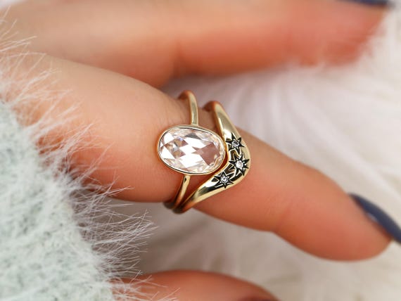 1.50ct Paris Bold 11x7mm & Ursa 14kt Oval Rose Cut Moissanite Solitaire Bridal Set,Oval Ring,Bezel Set Minimalist Ring,Celestial Ring Set