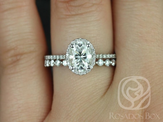 1.50cts Rebecca 8x6mm & Petite Naomi 14kt Solid Gold Moissanite Diamond Dainty Micropave Oval Halo Bridal Set