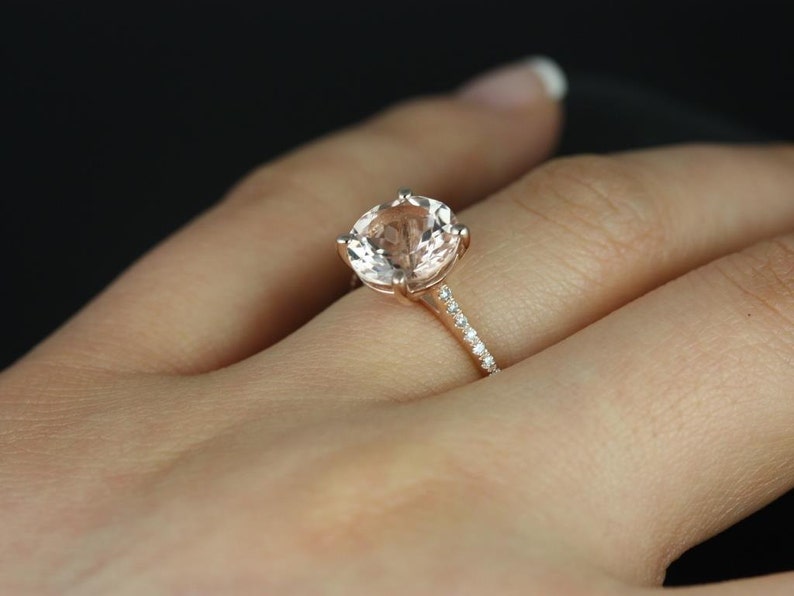 Eloise 10mm 14kt Rose Gold Morganite Diamonds Pave Dainty Cathedral Round Solitaire Engagement Ring image 5