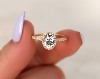 1.50ct Rebecca 8x6mm 14kt Rose Gold Oval Forever One Moissanite Diamond Dainty Micropave Oval Halo Engagement Ring