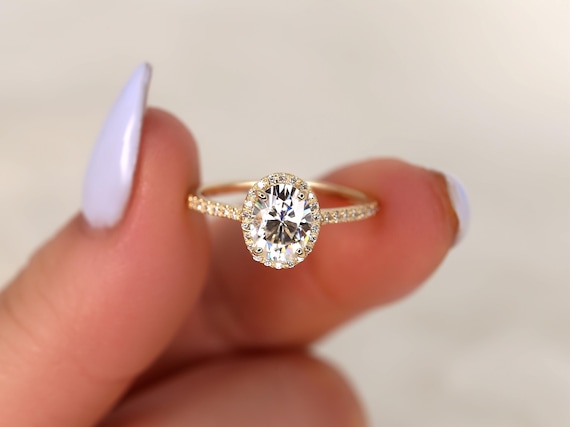 1.50cts Rebecca 8x6mm 14kt Rose Gold Oval Forever One Moissanite Diamond Dainty Micropave Oval Halo Engagement Ring