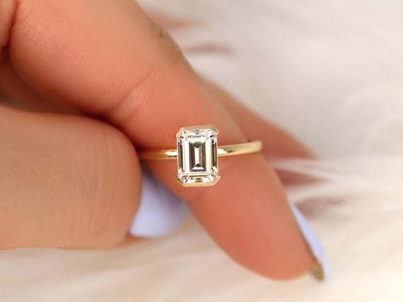 1.75ct Alta 8x6mm 14kt Moissanite Emerald Cut Solitaire Ring,Semi-Bezel Set Ring,Emerald Engagement Ring,Unique Wedding Ring