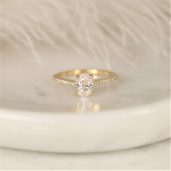 0.91ct Ready to Ship Blake 14kt Gold Lab Diamond Thin Dainty Diamond Accent Solitaire Cathedral Engagement Ring