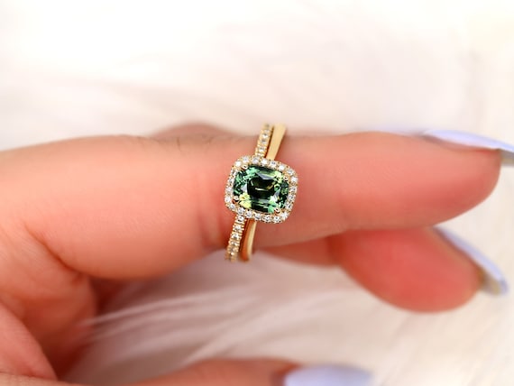 1.95ct Ready to Ship Delana 14kt Gold Chameleon Teal Sapphire Diamonds Cushion Halo Bridal Set,Teal Sapphire Ring,Unique Sapphire Ring