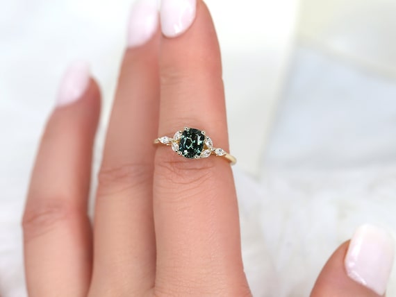 1.30ct Ready to Ship Geneva 14kt Gold Peacock Teal Sapphire Diamond 3 Stone Cushion Ring,Dainty Cluster Ring,September Birthstone Gift