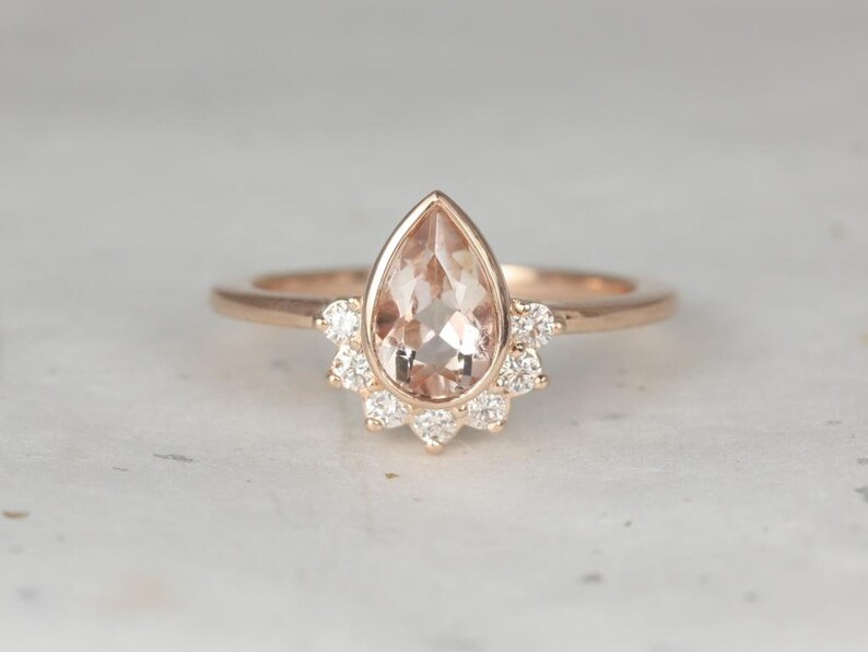 Oana 8x5mm 14kt Gold Morganite Diamonds Bezel Crescent Sunrays Half Pear Halo Unique Engagement Ring image 2
