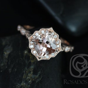 Lucille 7mm 14kt Rose Gold Morganite Diamond WITH Milgrain Kite Halo Ring,Unique Halo Engagement Ring,Art Deco Morganite Ring