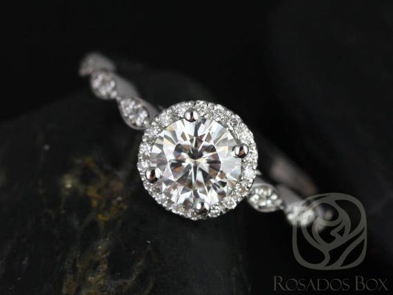 SALE Rosados Box Ready to Ship Samantha 6mm 0.75ct 14kt White Gold Round FB Moissanite & Diamond  WITHOUT Milgrain Halo Engagement Ring