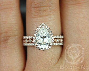 2cts Tabitha 10x7mm & Gwen 14kt Rose Gold Forever One Moissanite Diamonds Art Deco Pave Pear Halo TRIO Bridal Set