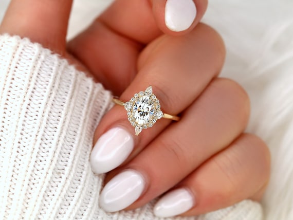 1.50ct Maris 8x6mm 14kt Moissanite Diamond Unique Engagement Ring,Oval Halo Ring,Compass Set Halo Ring,Kite Set Ring,Oval Engagement Ring