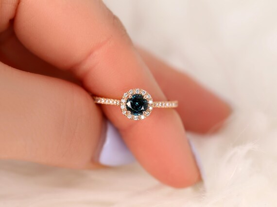 0.67ct Ready to Ship Kubian 14kt Rose Gold Teal Sapphire Diamond Round Halo Ring,Sapphire Engagement Ring,Sapphire Halo Ring,Anniversary