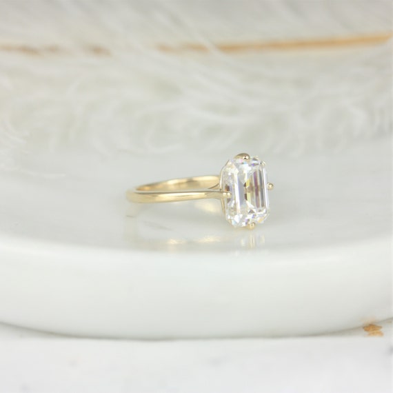 3.90cts Extra Low Roux 10x8mm 14kt Gold Moissanite Kite Set Unique Minimalist Emerald Solitaire Engagement Ring