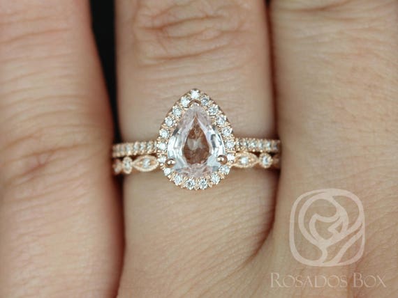 1.13cts Ready to Ship Tabitha & Gwen 14kt Rose Gold Peach Champagne Sapphire Diamonds Dainty Art Deco Halo Bridal Set