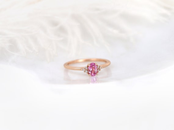 Juniper 6x4mm 14kt Rose Gold Pink Sapphire Diamonds Dainty Oval Cluster Ring,Three Stone Sapphire Ring,Sapphire Engagement Ring,Anniversary