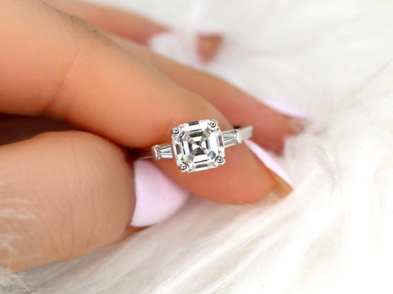 2.20ct Fae 8mm 14kt Colorless Moissanite Art Deco Engagement Ring,Asscher Cut Trilogy Ring,Asscher Three Stone Ring,Anniversary Ring