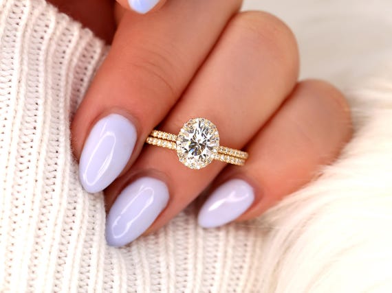 1.50ct Rebecca 8x6mm 14kt Moissanite Diamond Oval Halo Bridal Set,Oval Halo Engagement Ring Set,Oval Wedding Ring,Anniversary Gift,Oval Cut