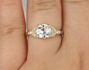 Ready to Ship Antoinette 7mm 14kt Yellow Gold Forever Brilliant Moissanite Diamonds Old Miners Dainty Art Deco Round Engagement Ring