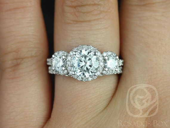 1.25ct Dita 7mm 14kt Moissanite Diamonds Three Stone Round Halo Bridal Set,Halo Engagement Ring,Round Cut Ring,Anniversary Ring,Gift For Her