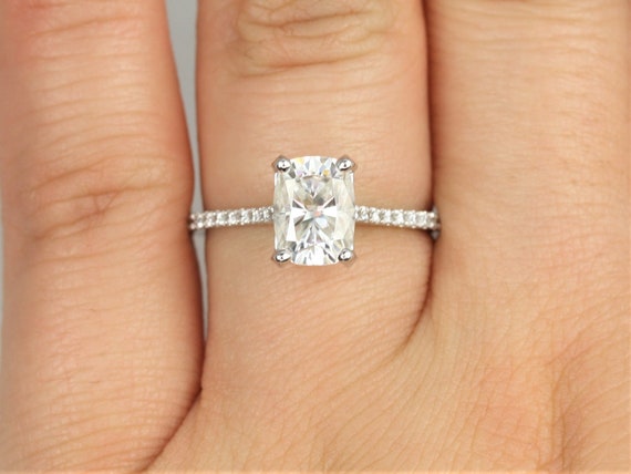 1.50cts Whitney 8x6mm 14kt Gold Moissanite Diamond Dainty Pave Minimalist Elongated Cushion Engagement Ring