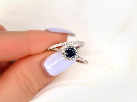 0.54ct Ready to Ship Kubian 14kt White Gold Blue Sapphire Diamonds Round Halo Bridal Set,Sapphire Halo Ring,Round Halo Ring,Anniversary Ring