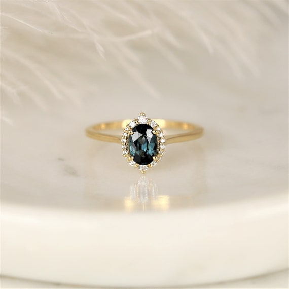 0.98cts Ready to Ship Electra 14kt Gold Deep Ocean Teal Sapphire Diamond Art Deco Shield Unique Oval Halo Ring