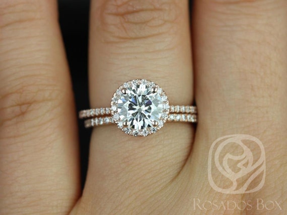 1.50ct Round Moissanite Diamond Thin Pave Halo Bridal Set,14kt Solid Rose Gold,Kimberly 7.5mm