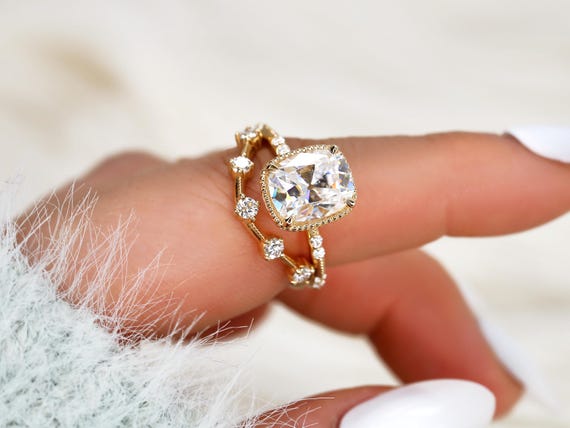 3ct Laverna 10x8mm & Lyris 14kt Antique Cushion Cut Moissanite Bridal Set