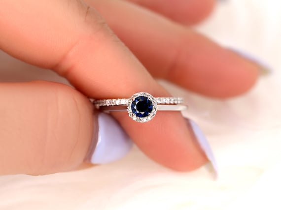 0.52ct Ready to Ship Amerie & Amanda 14k White Gold Blue Sapphire Diamond Round Halo Bridal Set,Sapphire Wedding Ring,Engagement Ring Set
