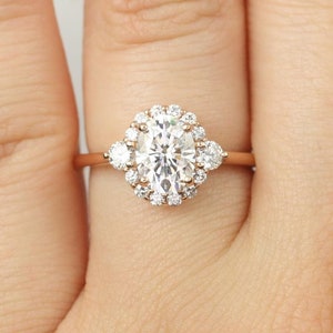 1.50cts Britney 8x6mm 14kt Rose Gold Moissanite Diamond Unique Halo Engagement Ring,Art Deco Halo Ring,Three Stone Oval Ring,Oval Halo Ring