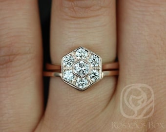 Mosaic Grande 14kt WITH Milgrain Hexagon Diamonds Cluster Bridal Set,Art Deco Ring,Unique Wedding Ring,Anniversary Gift,Hexagon Cluster Ring