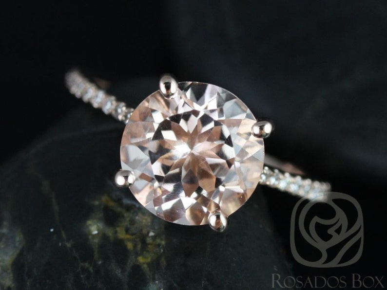 Eloise 10mm 14kt Rose Gold Morganite Diamonds Pave Dainty Cathedral Round Solitaire Engagement Ring image 2