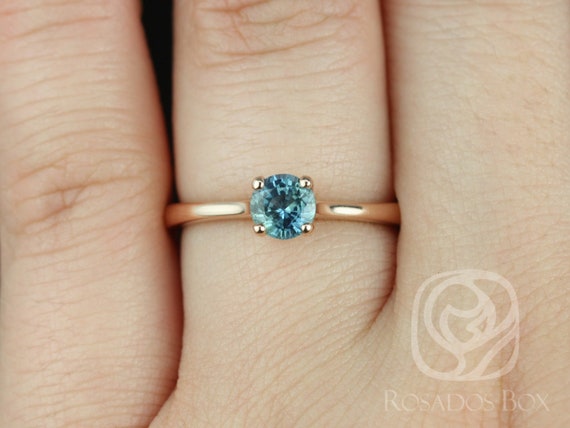 0.65ct Skinny Flora 14kt Rose Gold Ocean Teal Blue Sapphire Dainty Cathedral Round Solitaire Engagement Ring