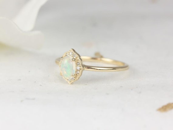 Ready to Ship Mini Mae 6x4mm 14kt Yellow Gold Opal Diamond Dainty Art Deco Unique Oval Halo WITH Milgrain Ring