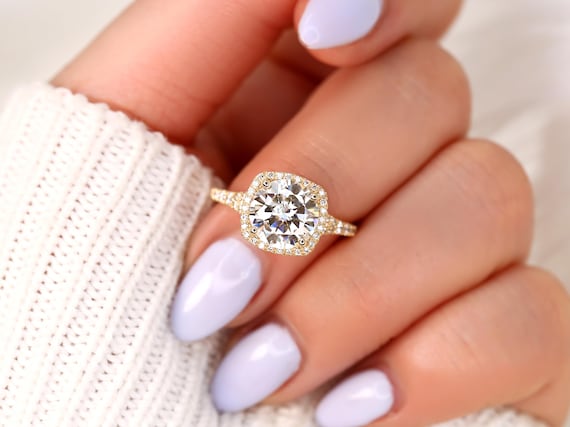 2.70ct Giselle 9mm 14kt Moissanite Diamond Split Shank Cushion Halo Ring,Mermaid Split Ring,Fish Tail Split Shank,Cushion Engagement Ring