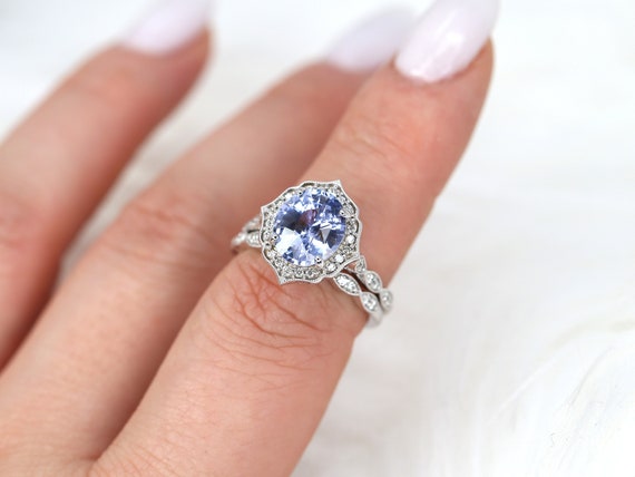3.18ct Ready to Ship Lana 14kt White Gold Lavender Sapphire Diamond Halo Art Deco Bridal Set,Purple Sapphire Oval Ring,Anniversary Gift