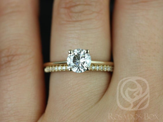 1ct Skinny Alberta 6.5mm & Romani 14kt Gold Forever One Moissanite Diamonds Pave Round Solitaire Bridal Set