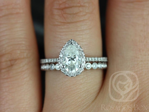 SALE 1ct Ready To Ship Tabitha 8x5mm & Petite Bubbles 14kt White Gold FB Moissanite Diamonds Pave Pear Halo Wedding Set Rings,Rosados Box