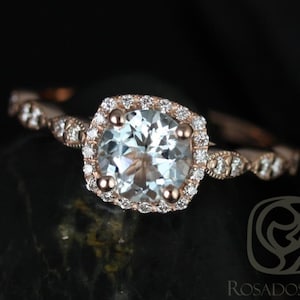 Anillo Christie de 6 mm en oro rosa de 14 kt con aguamarina y diamantes con halo cojín milgrain. Anillo de compromiso Art Déco. Piedra natal de marzo. Regalo para ella.