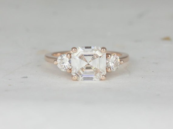 2.20cts Minah 8mm 14kt Rose Gold Forever One Moissanite Dainty Minimalist 3 Stone Asscher Engagement Ring