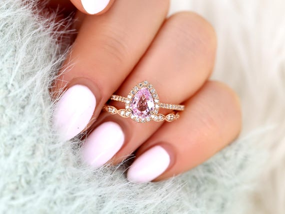 1.40ct Tabitha & Christie 14kt Raspberry Champagne Sapphire Diamond Pear Halo Bridal Set,Pear Wedding Ring Set,Unique Sapphire Ring