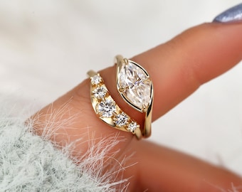 1.50ct Scullie & Saldana 14kt Diamond East West Marquise Solitaire Wedding Ring Set,Marquise Cut Ring,Marquise Diamond Engagement Ring Set