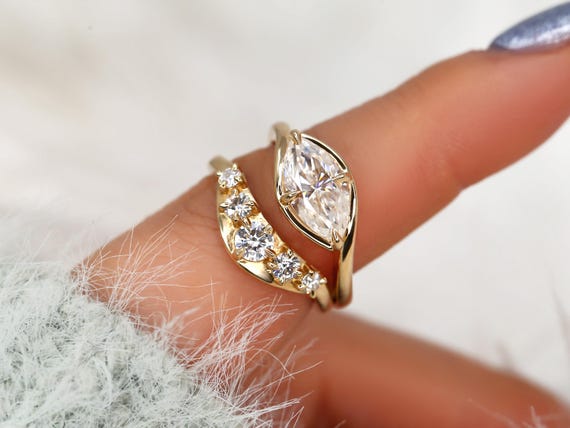 1.50ct Scullie & Mega Saldana 14kt Diamond East West Marquise Solitaire Wedding Ring Set,Marquise Cut Ring,Marquise Diamond Engagement Ring