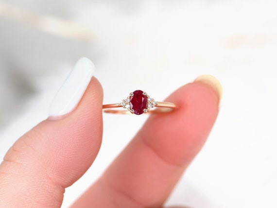 Ready to Ship Juniper 6x4mm 14kt Rose Gold Ruby Diamond 3 Stone Ring,Ruby Cluster Ring,Gift For Her,Art Deco Oval Ring,July Birthstone