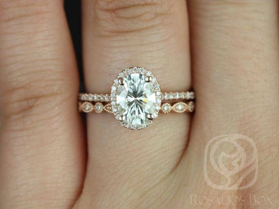 Ready to Ship Rebecca 8x6mm & Gwen 14kt YELLOW Gold 1.50cts Oval Forever One Moissanite Diamond Halo Bridal Set