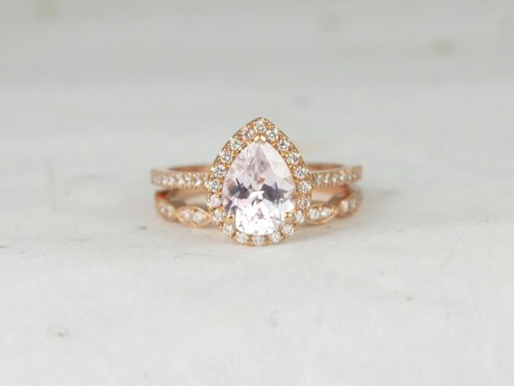 1.83ct Ready to Ship Tabitha & Christie 14kt Rose Gold Blush Peach Champagne Sapphire Diamond Art Deco Halo Bridal Set